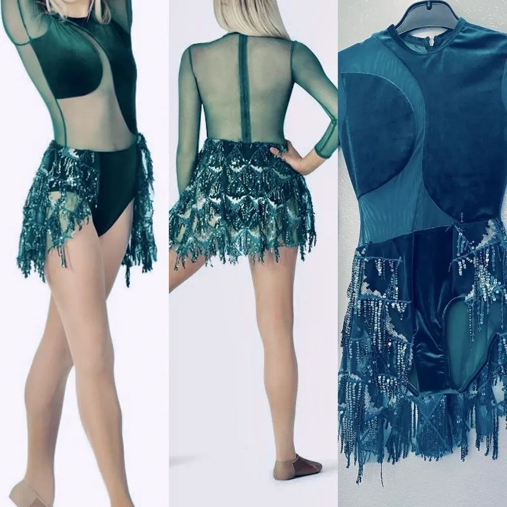 Elisse platinum dance costume lyrical ballet green velvet mesh Dress N7938C MC